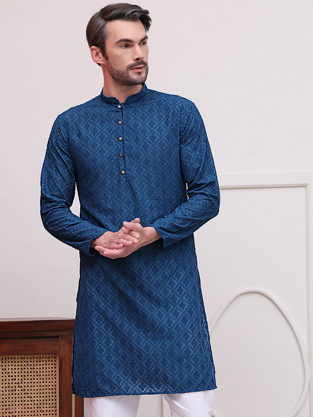 Embroidered Cotton Kurtas ( KO 5099Teal )
