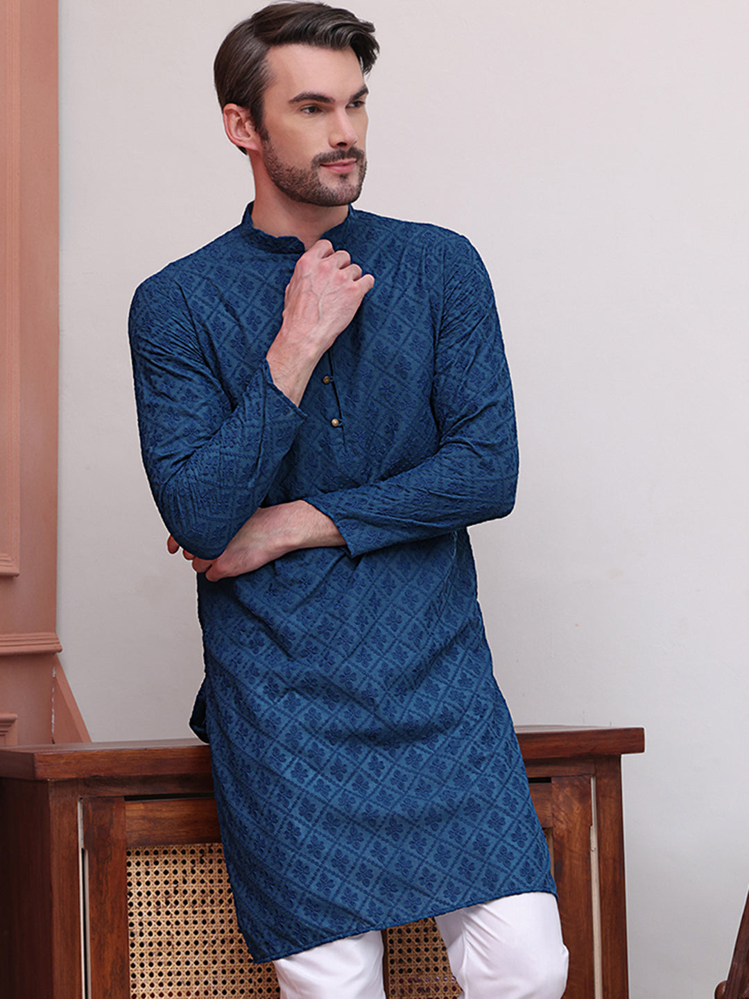Embroidered Cotton Kurtas ( KO 5099Teal )