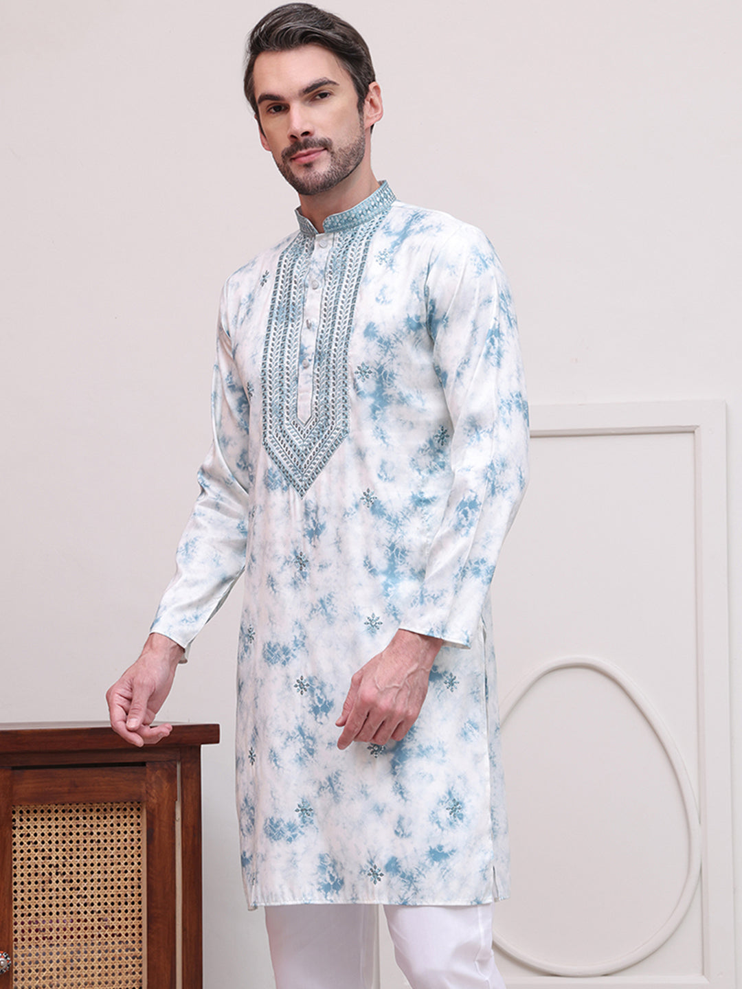 Stone Print With Embroidered kurtas ( KO 5102Sky )