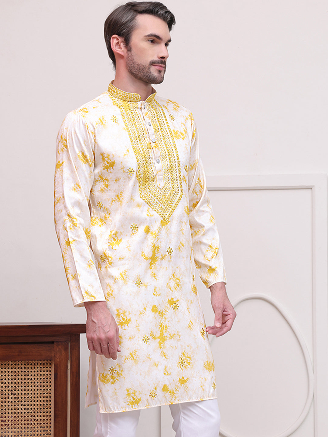 Stone Print With Embroidered kurtas ( KO 5102Yellow )