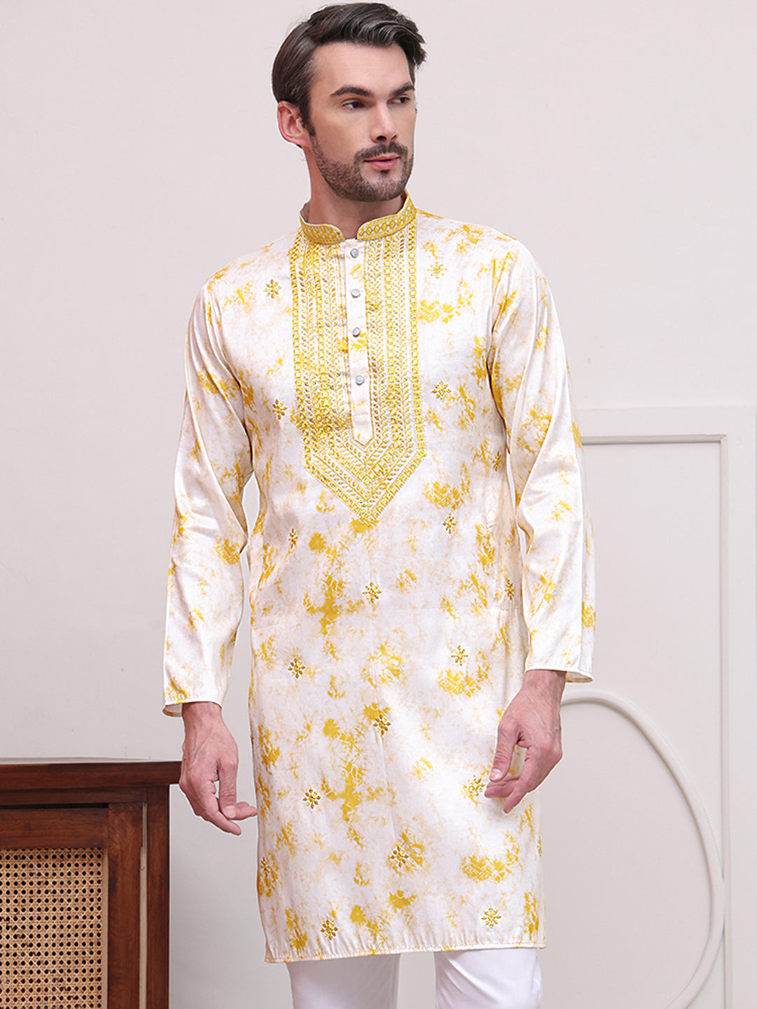 Stone Print With Embroidered kurtas ( KO 5102Yellow )