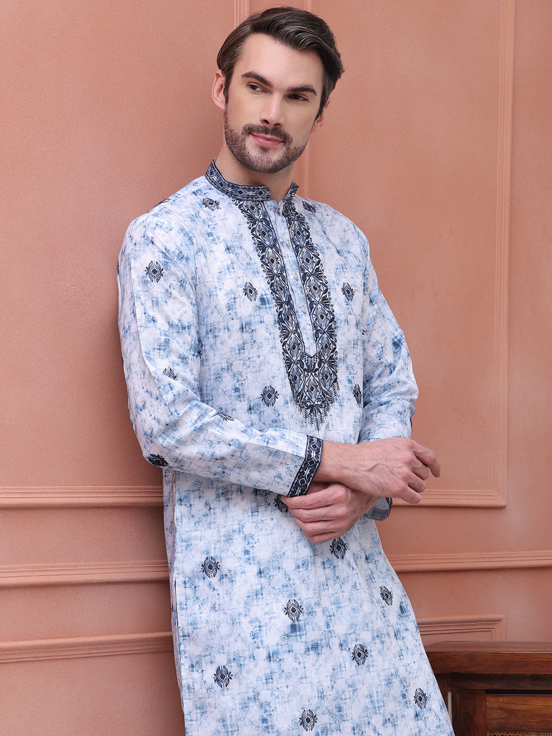 Stone Print With Embroidered kurtas ( KO 5103Blue )