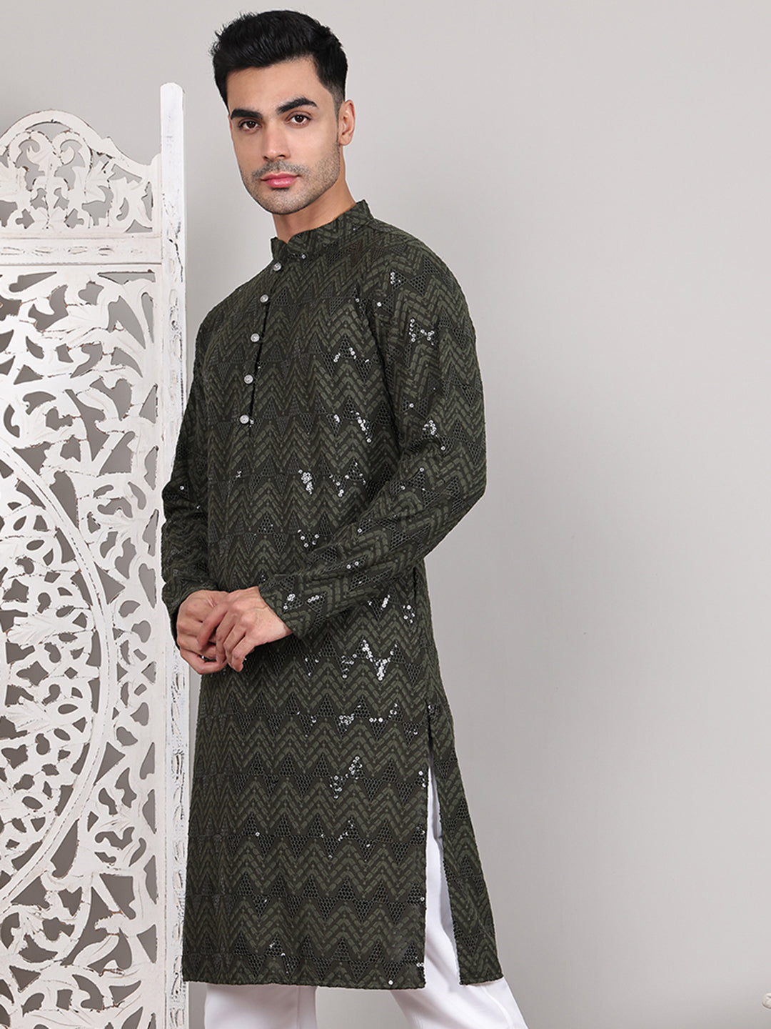 Sequin & Embroidered Kurtas ( KO 5107Olive )