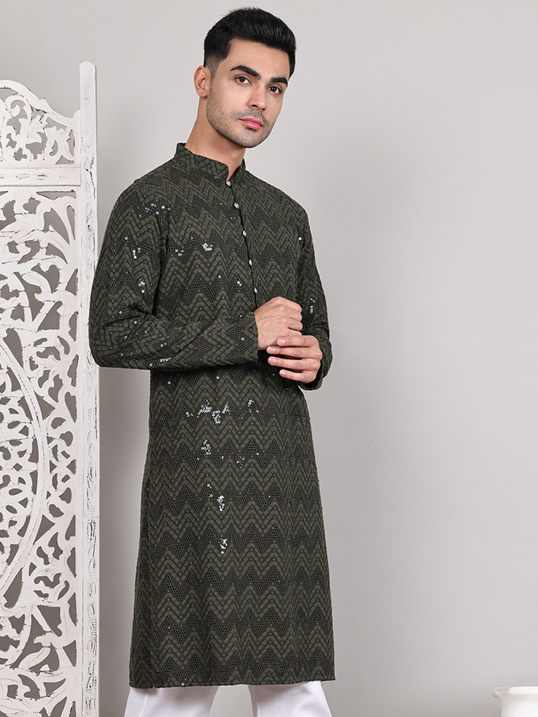 Sequin & Embroidered Kurtas ( KO 5107Olive )