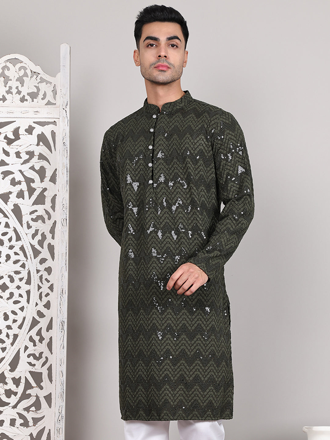 Sequin & Embroidered Kurtas ( KO 5107Olive )