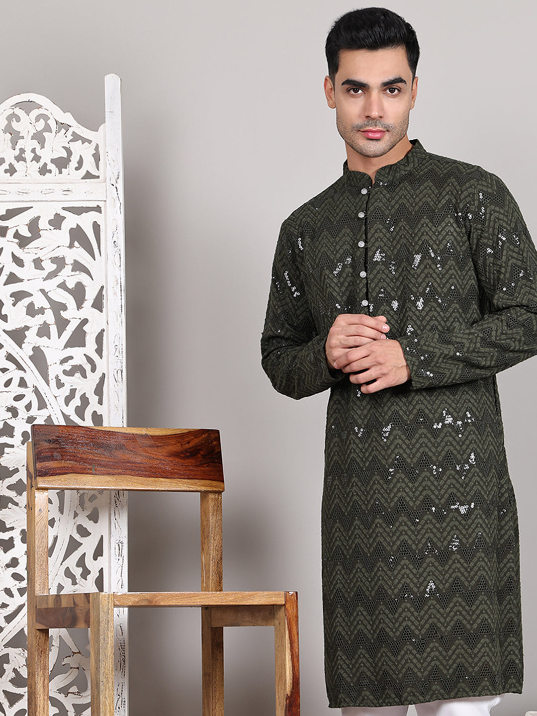 Sequin & Embroidered Kurtas ( KO 5107Olive )