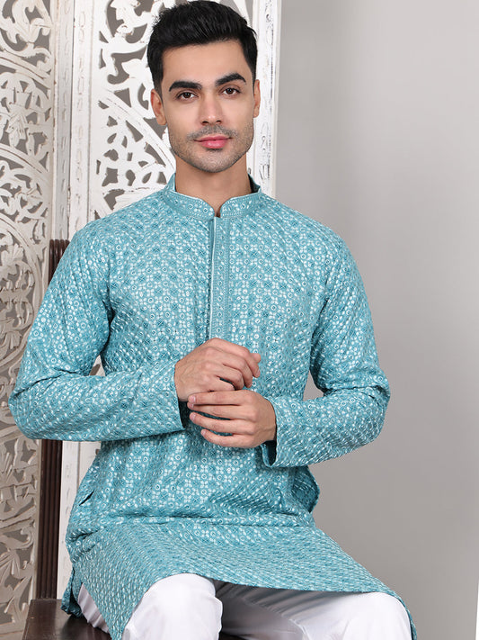 Viscose Sequins and Embroidered Kurtas for Men ( KO 5108Blue )