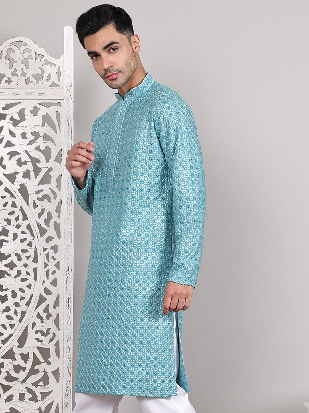 Viscose Sequins and Embroidered Kurtas for Men ( KO 5108Blue )