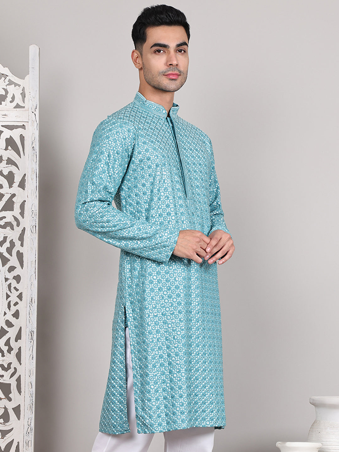 Viscose Sequins and Embroidered Kurtas for Men ( KO 5108Blue )