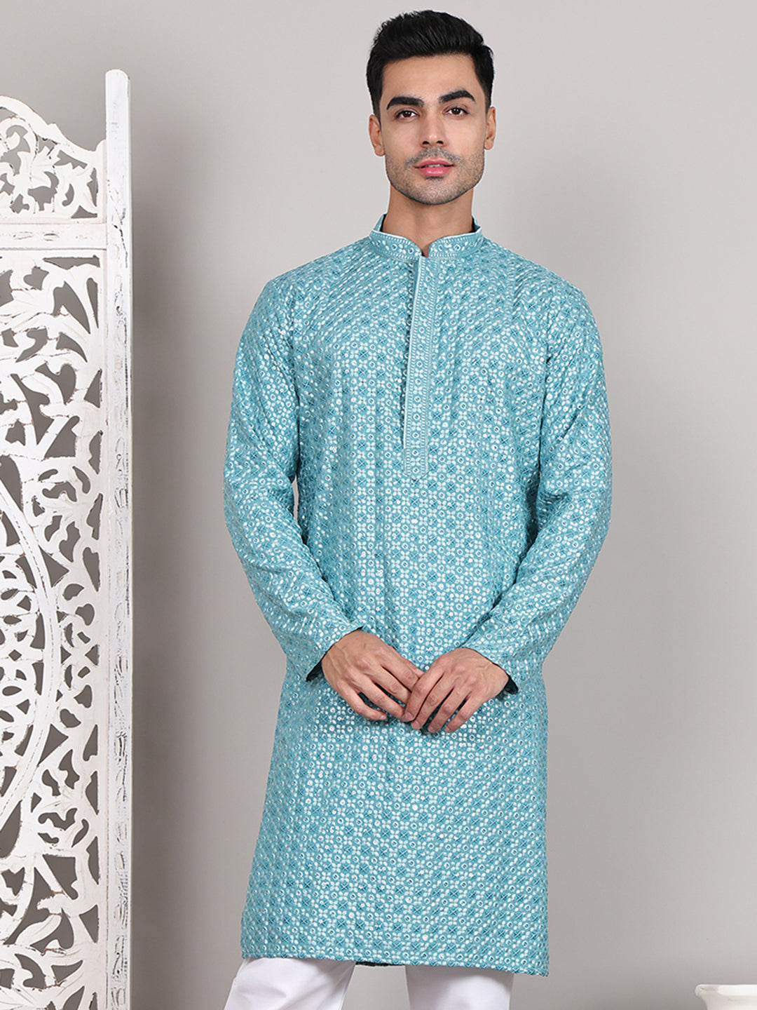 Viscose Sequins and Embroidered Kurtas for Men ( KO 5108Blue )