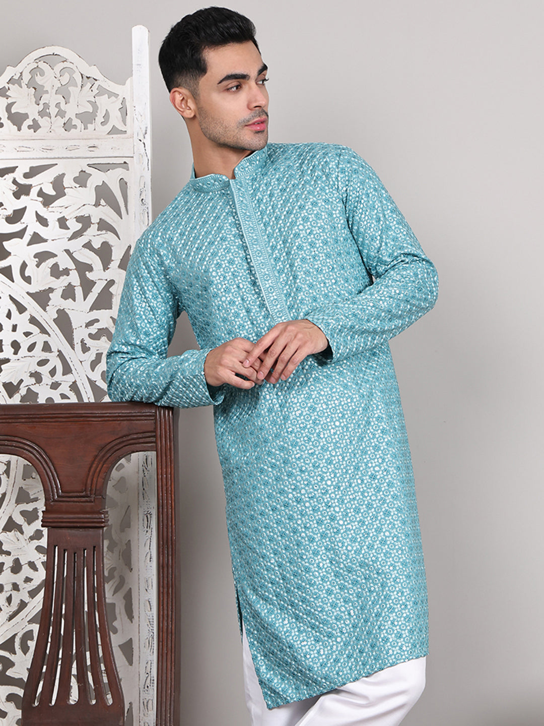 Viscose Sequins and Embroidered Kurtas for Men ( KO 5108Blue )