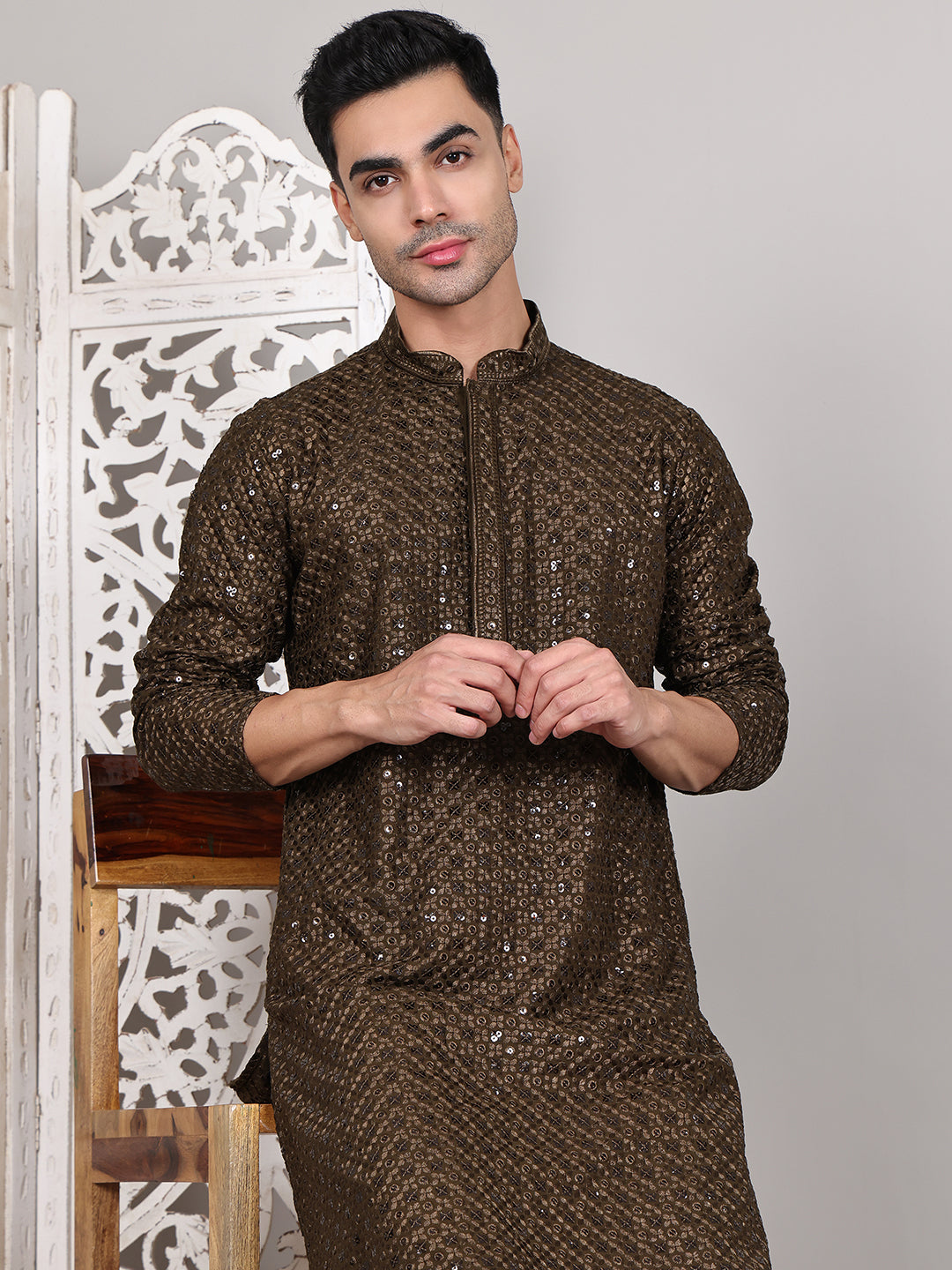 Viscose Sequins and Embroidered Kurtas for Men ( KO 5108Mehndi )