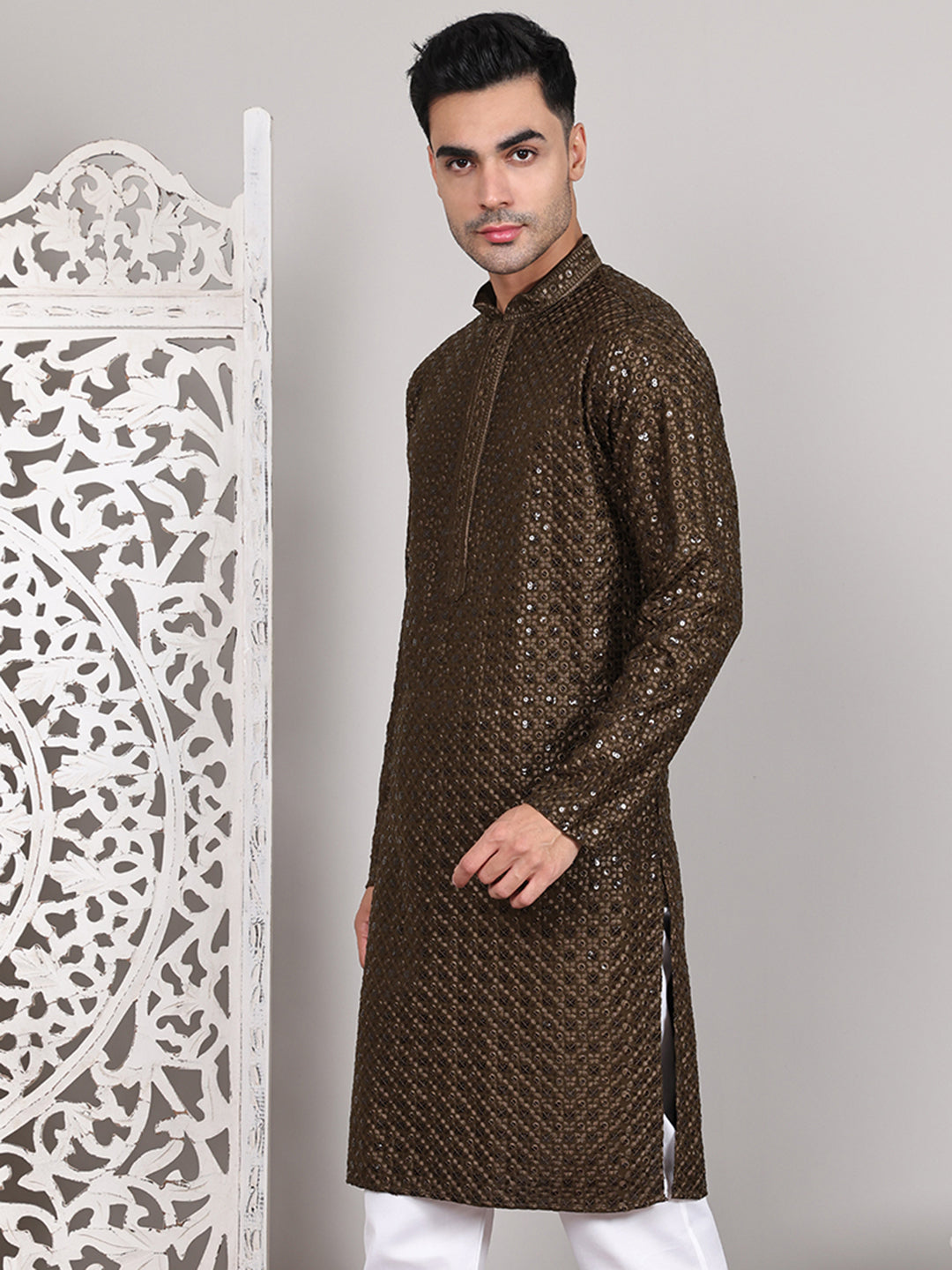 Viscose Sequins and Embroidered Kurtas for Men ( KO 5108Mehndi )