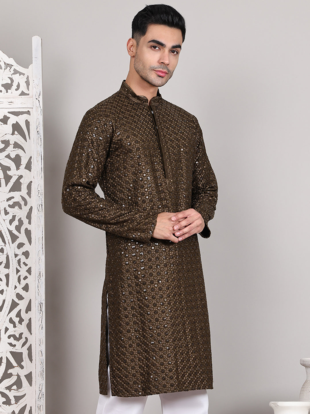 Viscose Sequins and Embroidered Kurtas for Men ( KO 5108Mehndi )