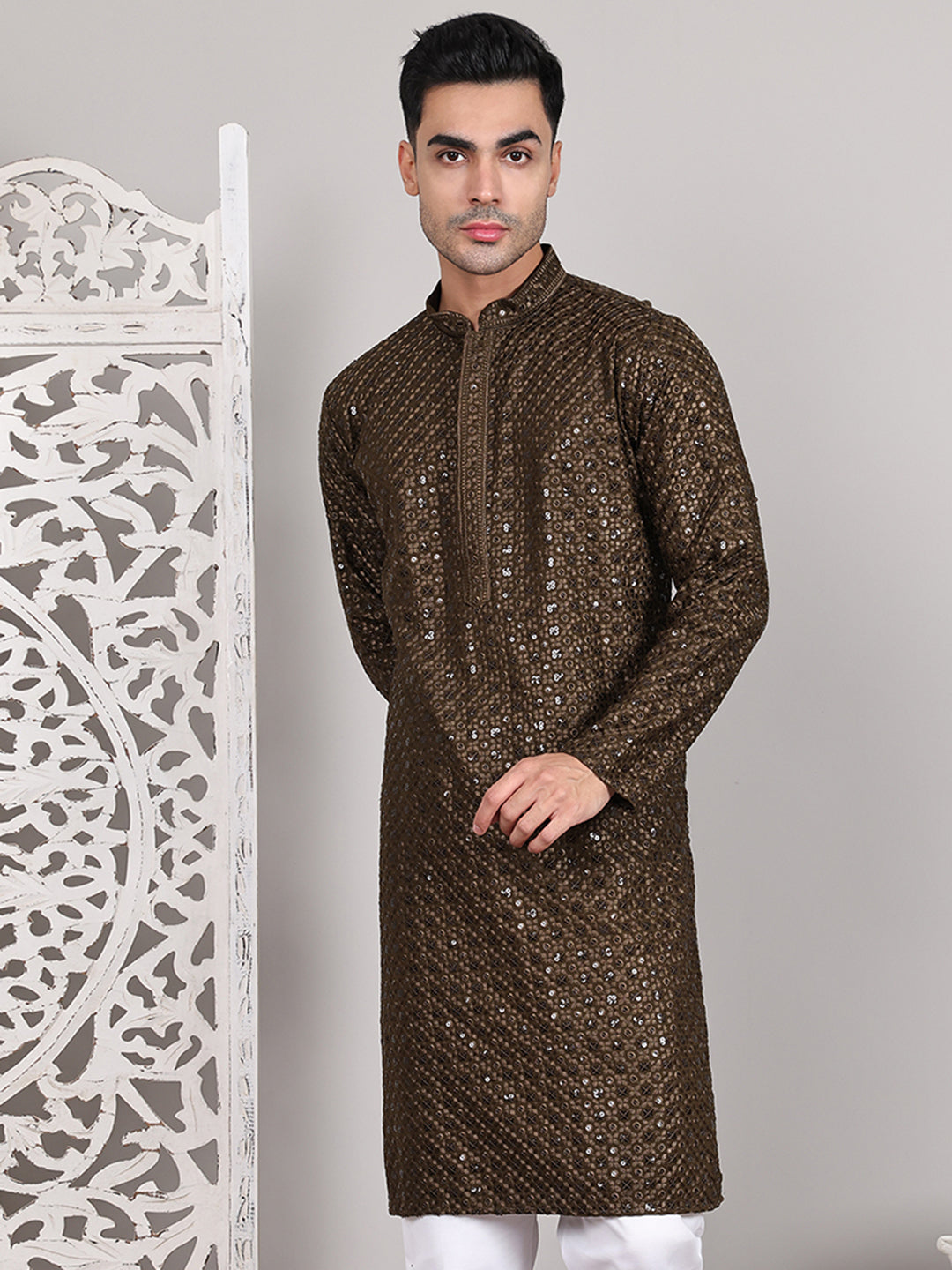 Viscose Sequins and Embroidered Kurtas for Men ( KO 5108Mehndi )