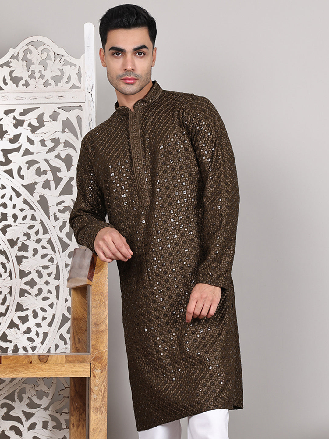 Viscose Sequins and Embroidered Kurtas for Men ( KO 5108Mehndi )