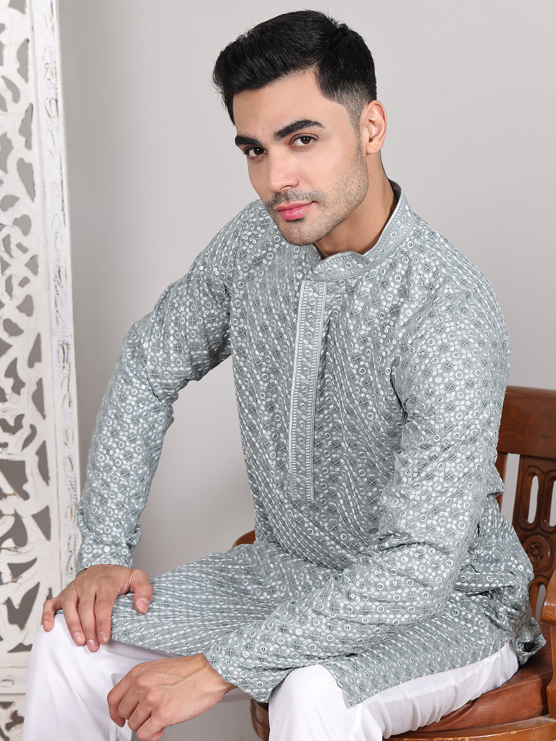 Viscose Sequins and Embroidered Kurtas for Men ( KO 5108Silver )