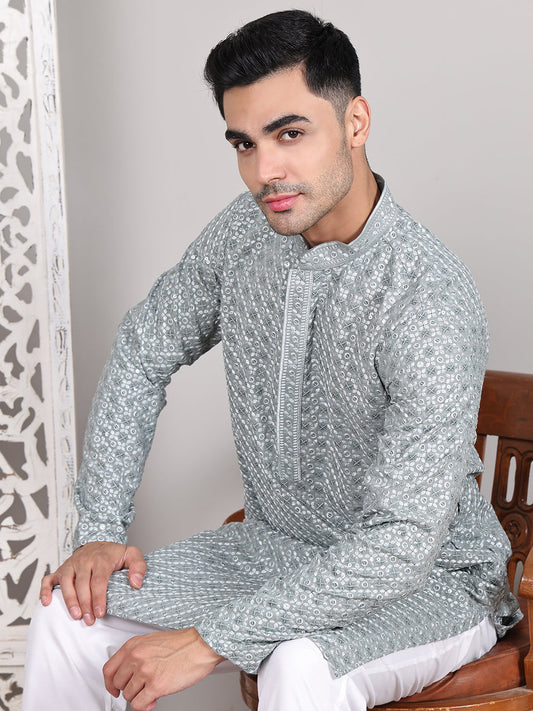 Viscose Sequins and Embroidered Kurtas for Men ( KO 5108Silver )