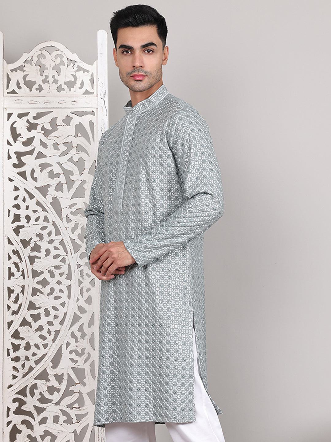 Viscose Sequins and Embroidered Kurtas for Men ( KO 5108Silver )