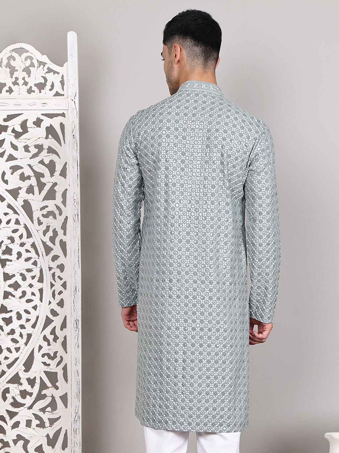 Viscose Sequins and Embroidered Kurtas for Men ( KO 5108Silver )