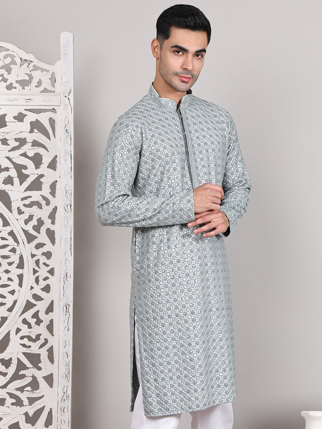 Viscose Sequins and Embroidered Kurtas for Men ( KO 5108Silver )