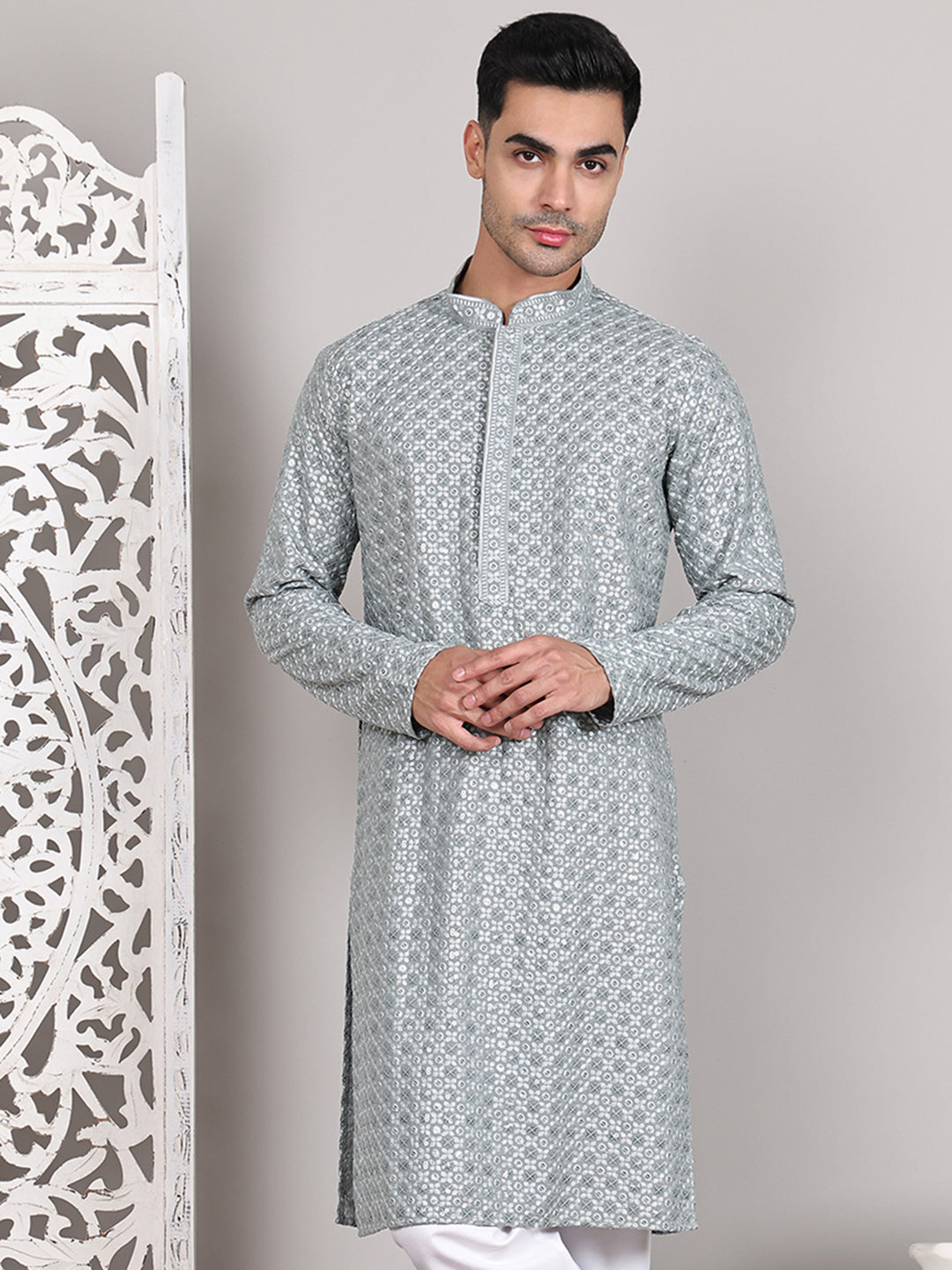 Viscose Sequins and Embroidered Kurtas for Men ( KO 5108Silver )