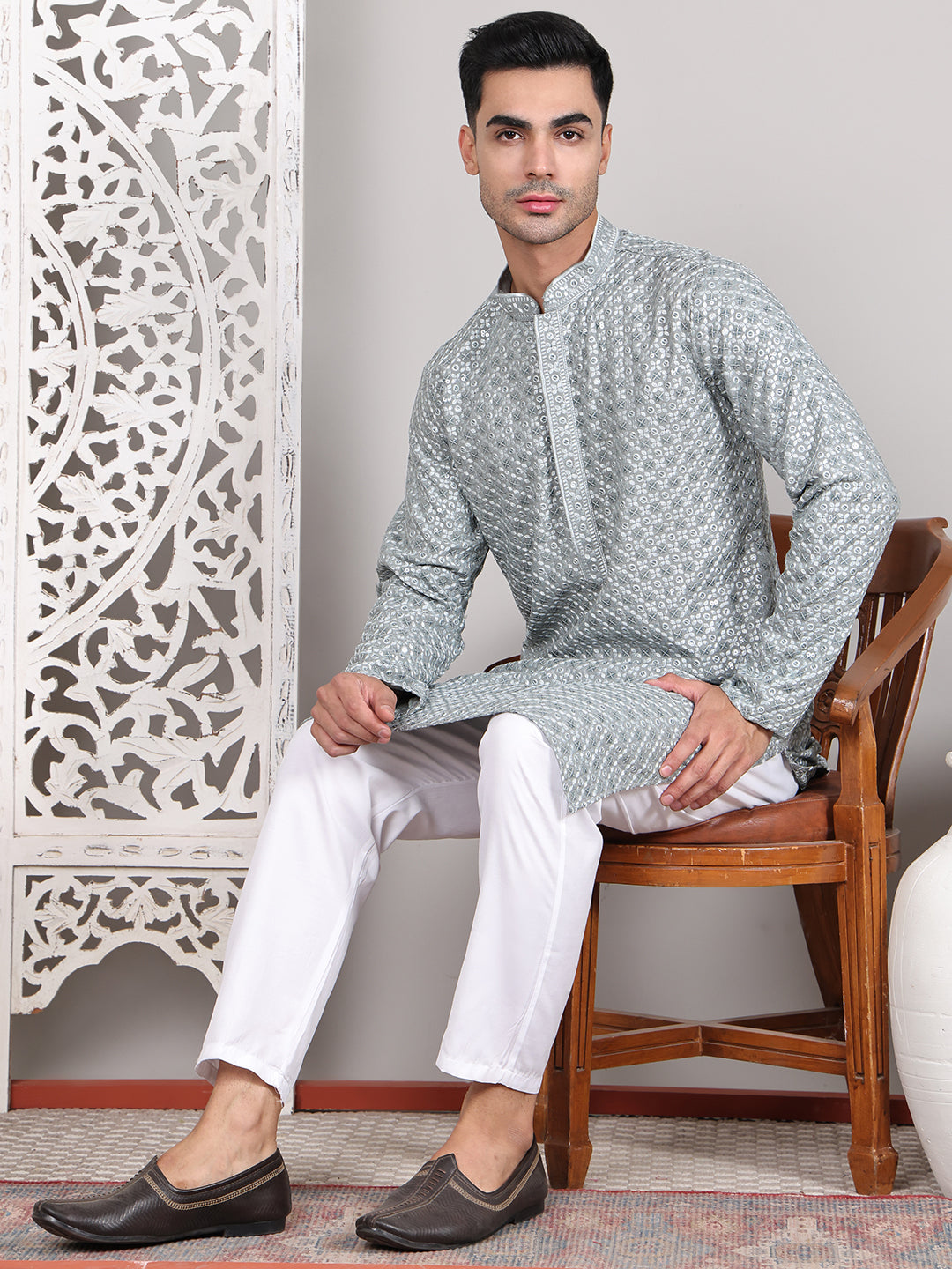 Viscose Sequins and Embroidered Kurtas for Men ( KO 5108Silver )