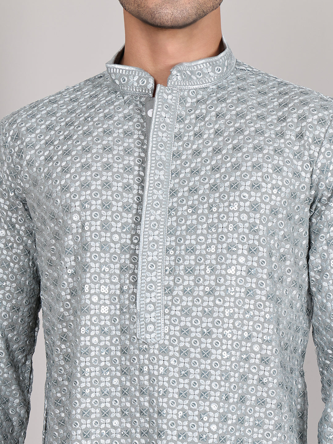 Viscose Sequins and Embroidered Kurtas for Men ( KO 5108Silver )