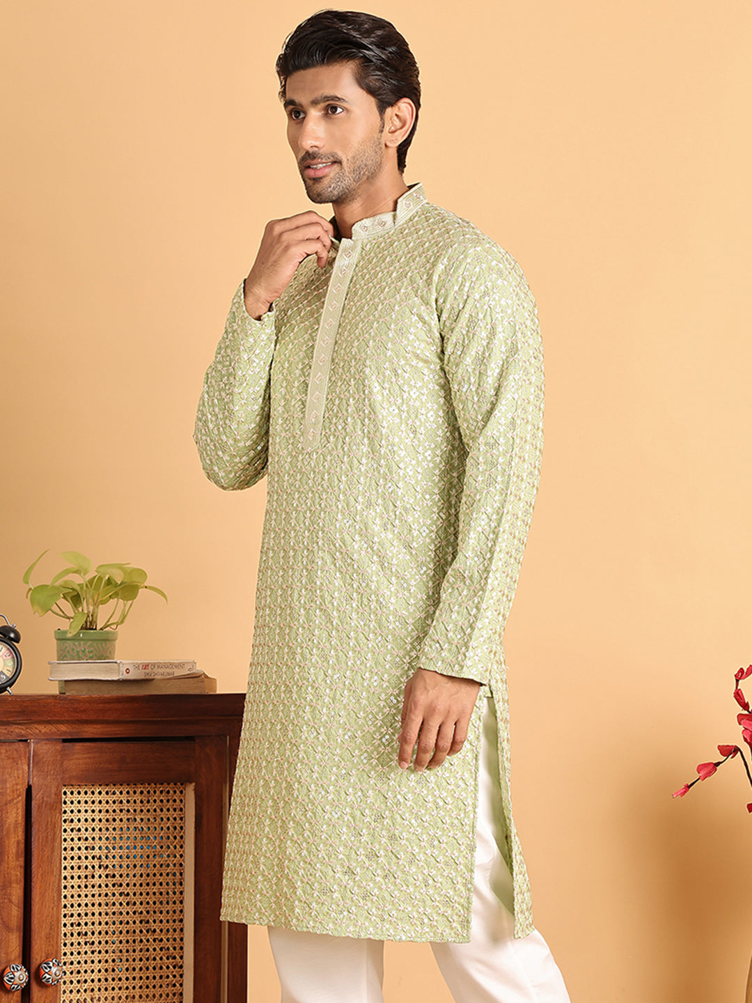 Embroidered Viscose Kurtas For Men ( KO 5110Green )