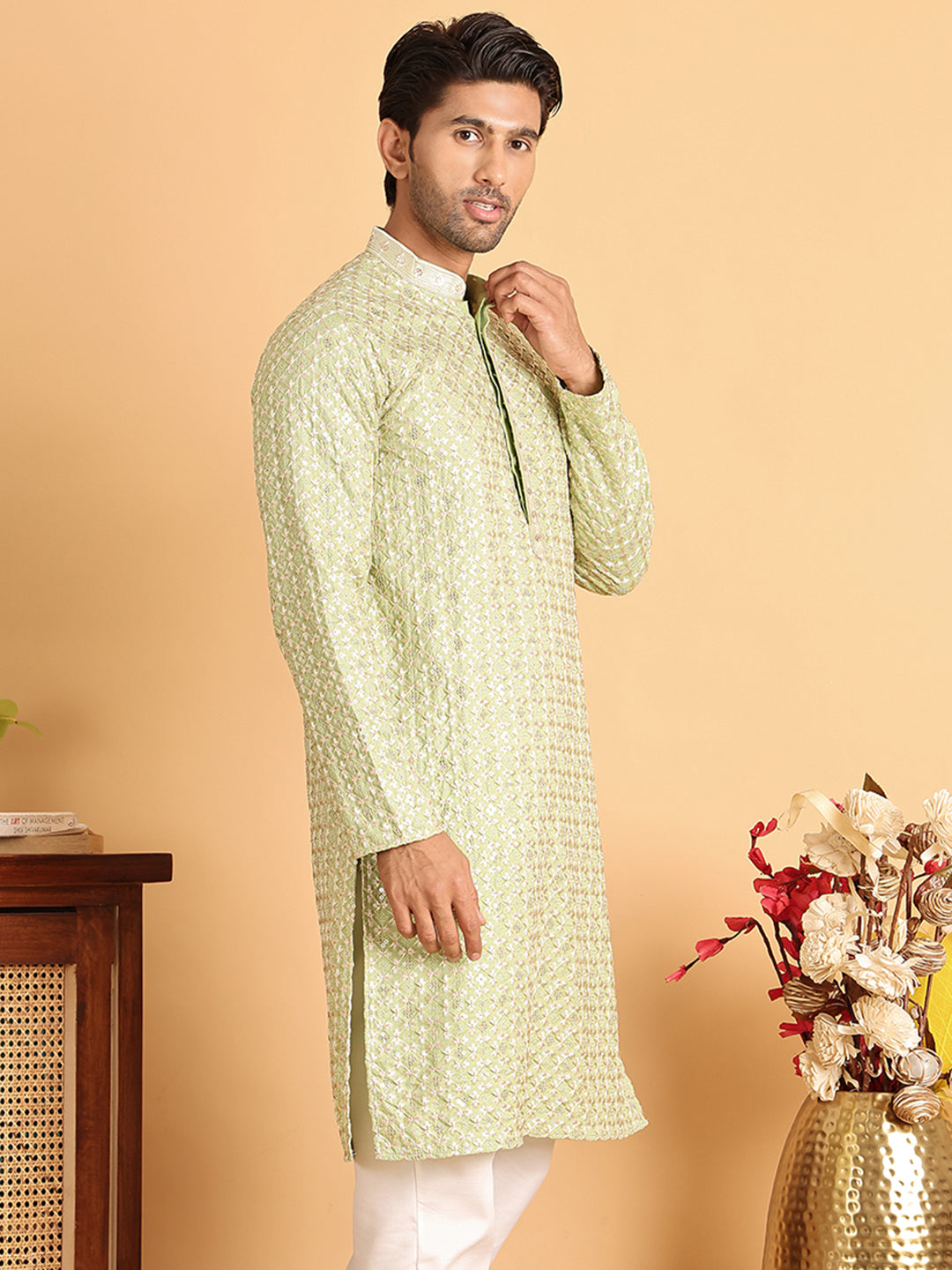 Embroidered Viscose Kurtas For Men ( KO 5110Green )
