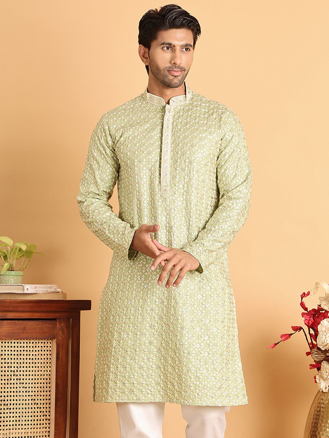 Embroidered Viscose Kurtas For Men ( KO 5110Green )