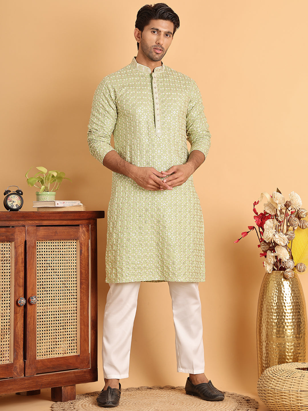 Embroidered Viscose Kurtas For Men ( KO 5110Green )