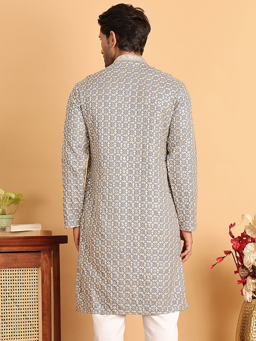 Embroidered Viscose Kurtas For Men ( KO 5110Grey )