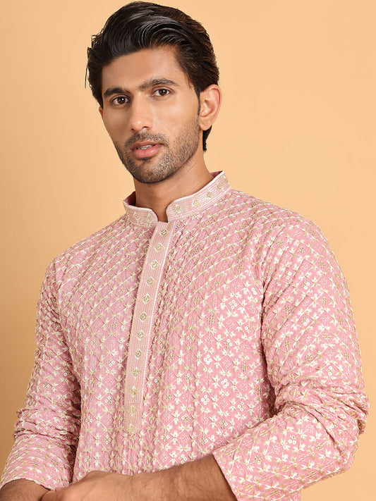 Embroidered Viscose Kurtas For Men ( KO 5110Pink )