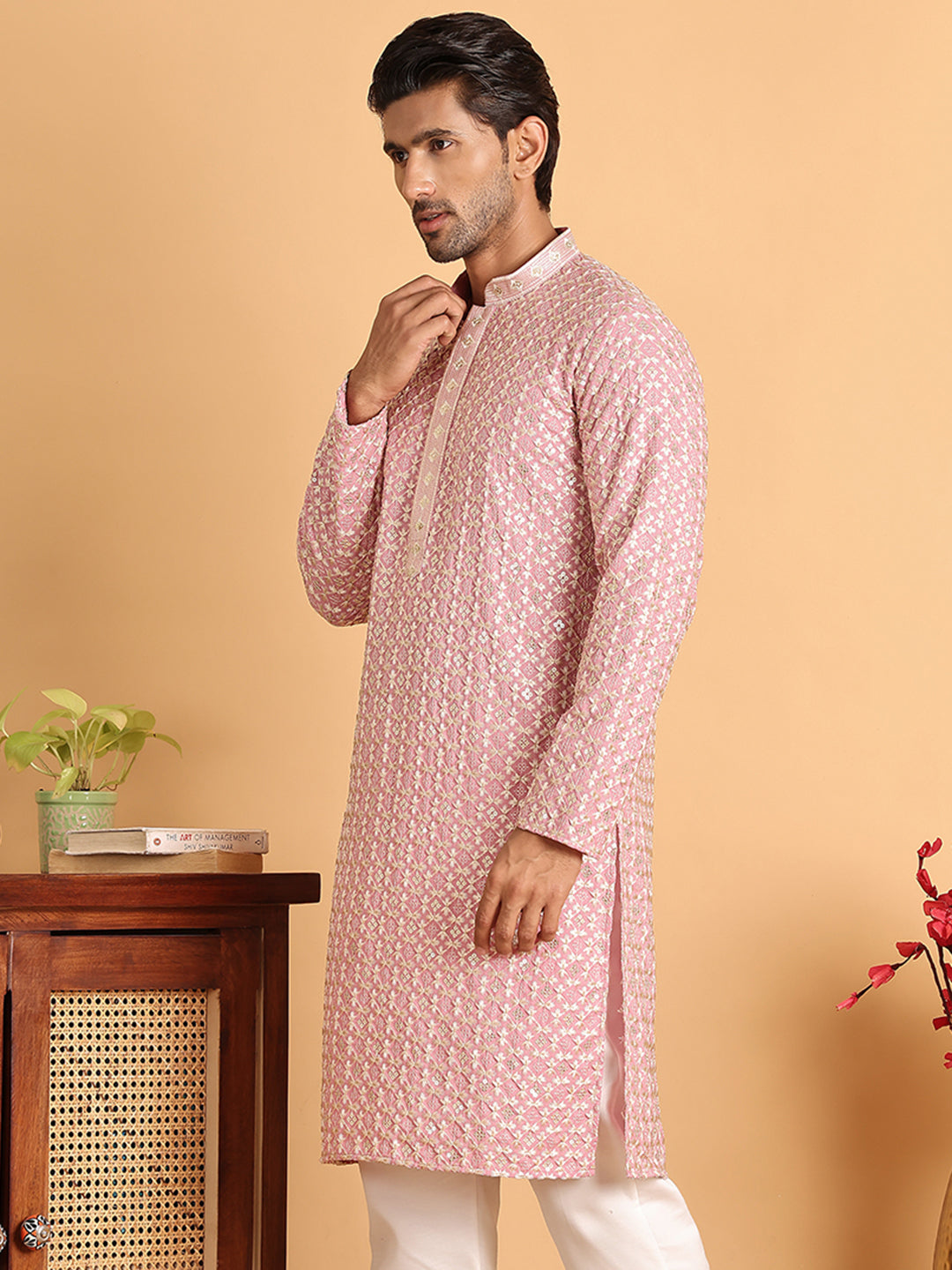 Embroidered Viscose Kurtas For Men ( KO 5110Pink )