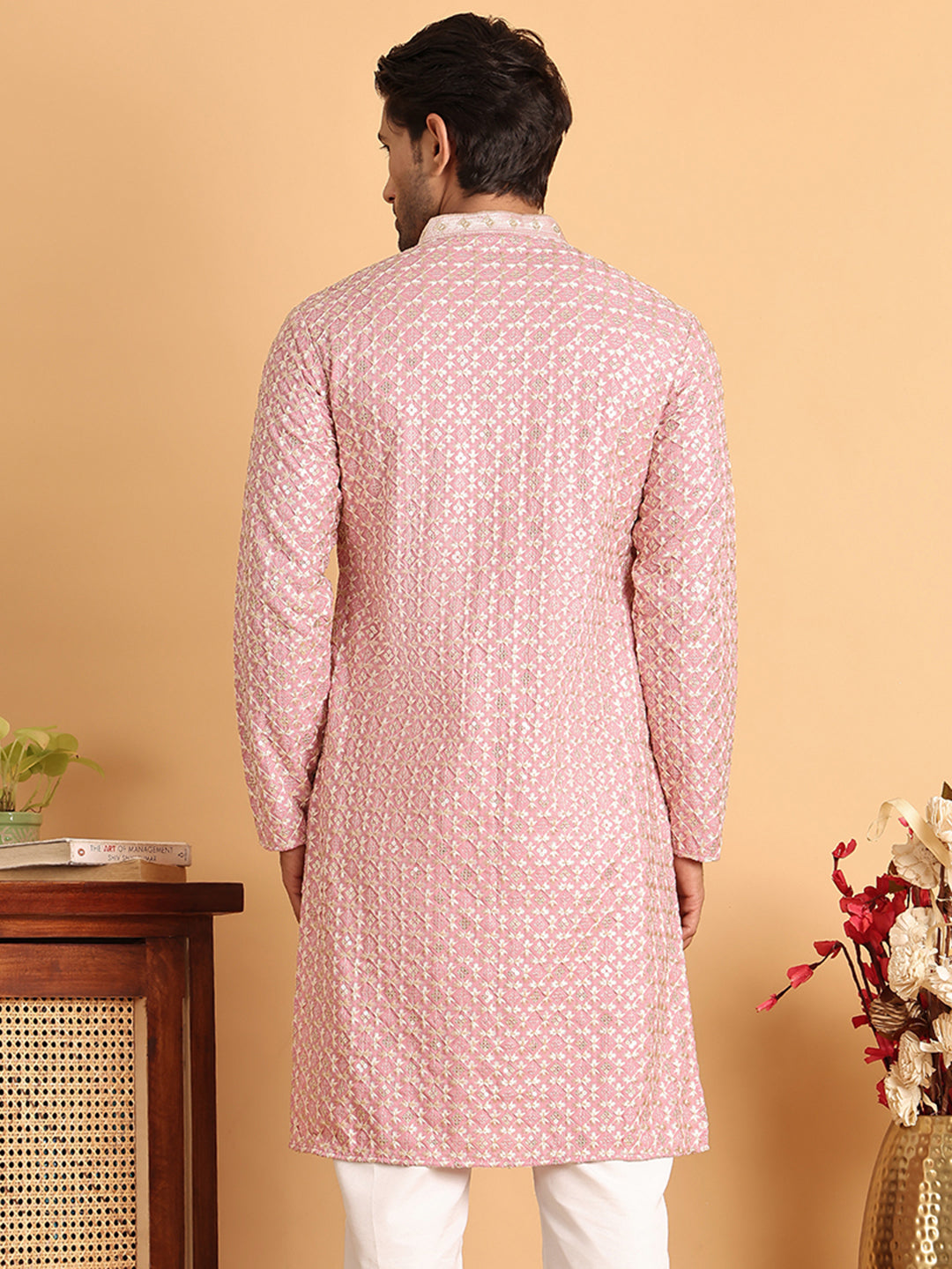 Embroidered Viscose Kurtas For Men ( KO 5110Pink )