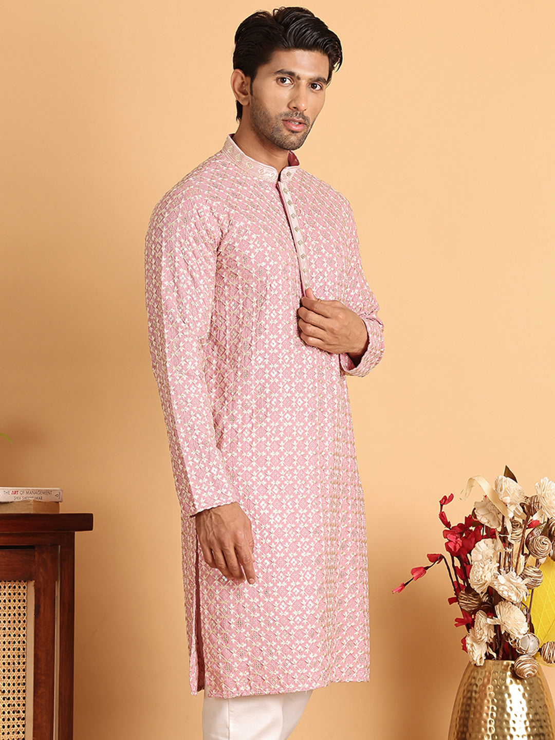 Embroidered Viscose Kurtas For Men ( KO 5110Pink )