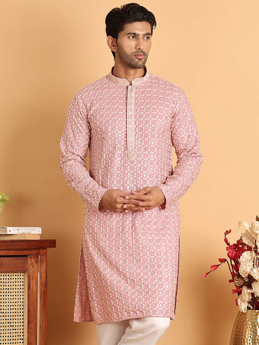 Embroidered Viscose Kurtas For Men ( KO 5110Pink )