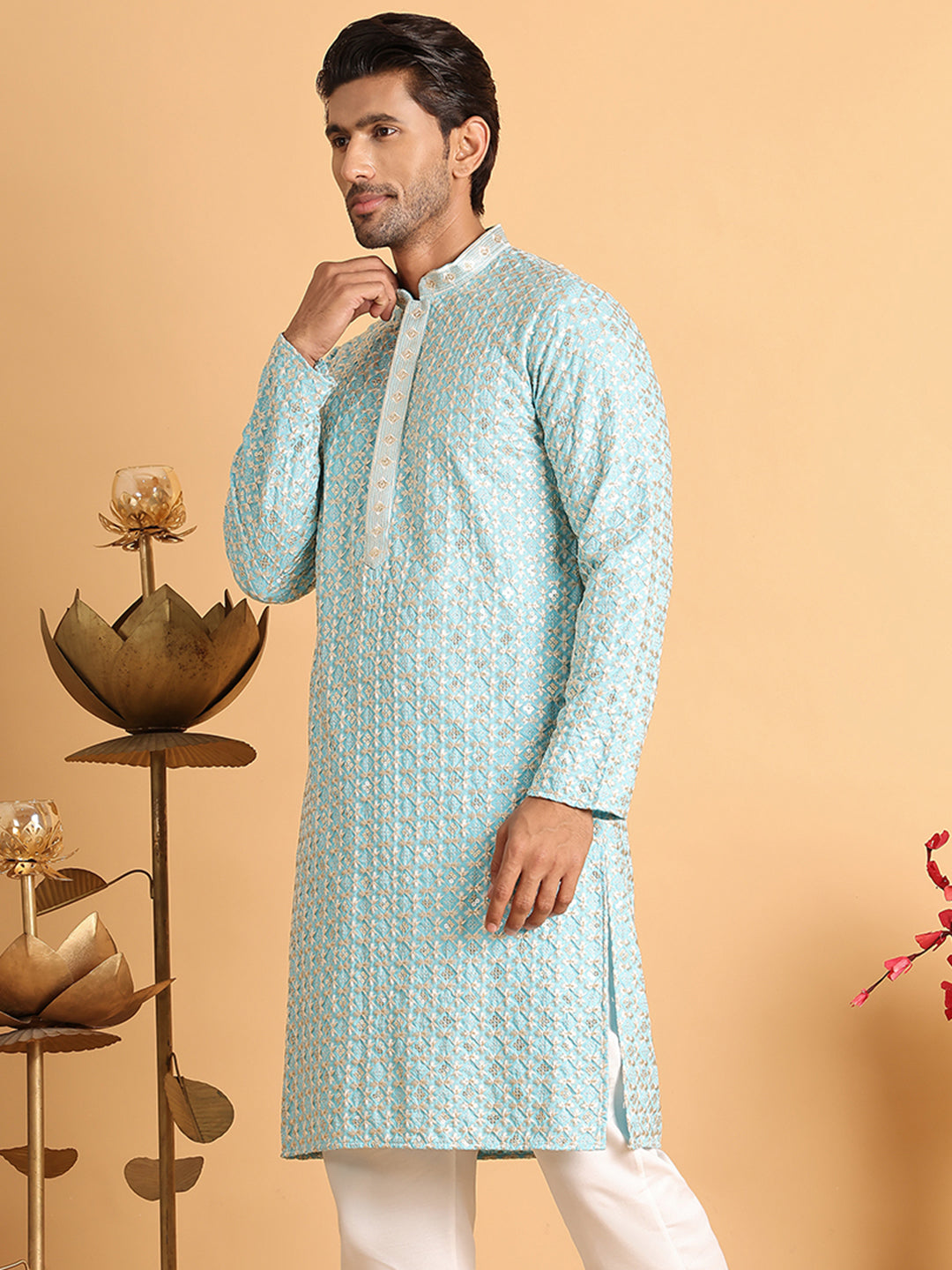 Embroidered Viscose Kurtas For Men ( KO 5110Sky )