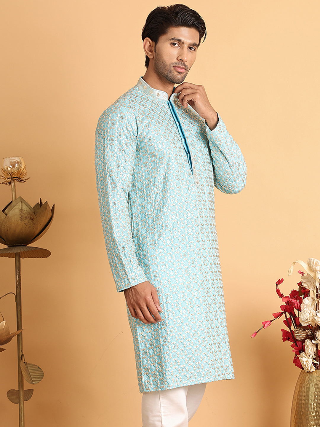 Embroidered Viscose Kurtas For Men ( KO 5110Sky )