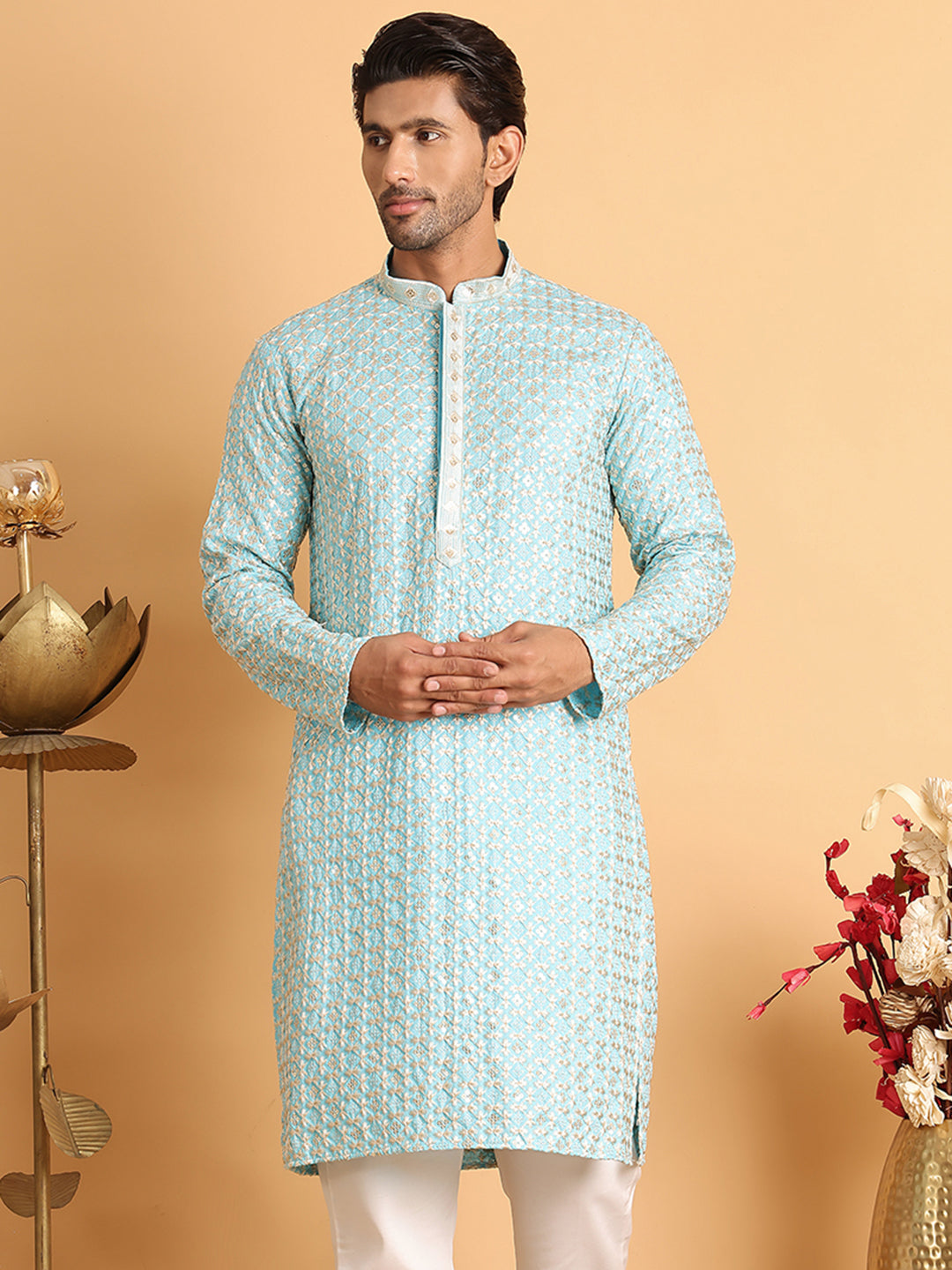 Embroidered Viscose Kurtas For Men ( KO 5110Sky )
