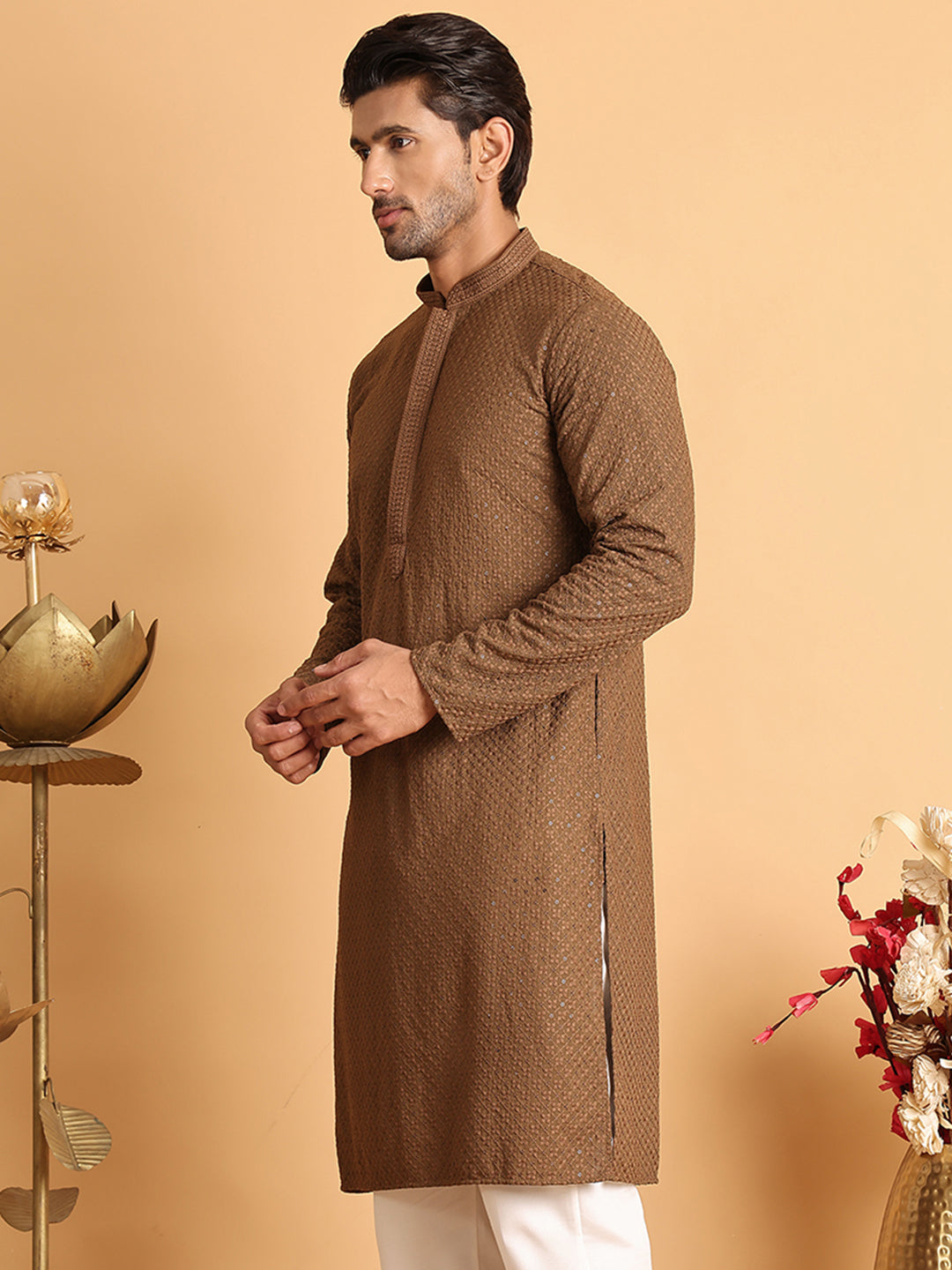 Sequins & Embroidered Viscose Kurtas For Men. ( KO 5113Brown )