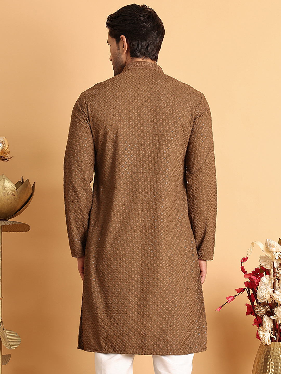 Sequins & Embroidered Viscose Kurtas For Men. ( KO 5113Brown )