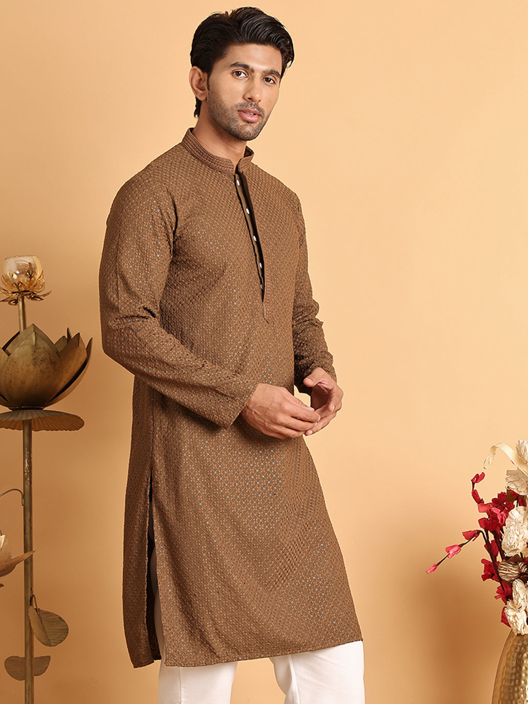 Sequins & Embroidered Viscose Kurtas For Men. ( KO 5113Brown )