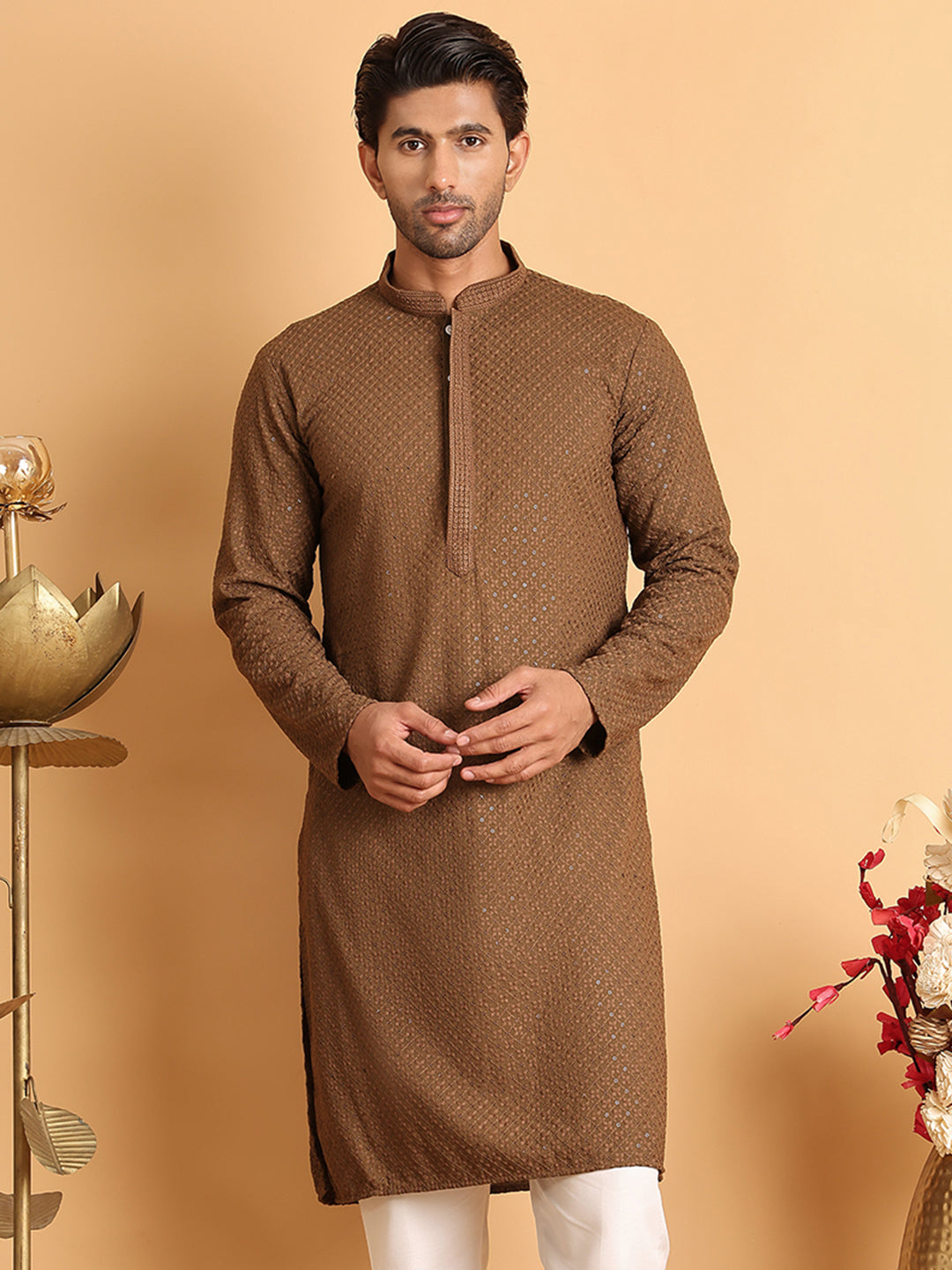 Sequins & Embroidered Viscose Kurtas For Men. ( KO 5113Brown )