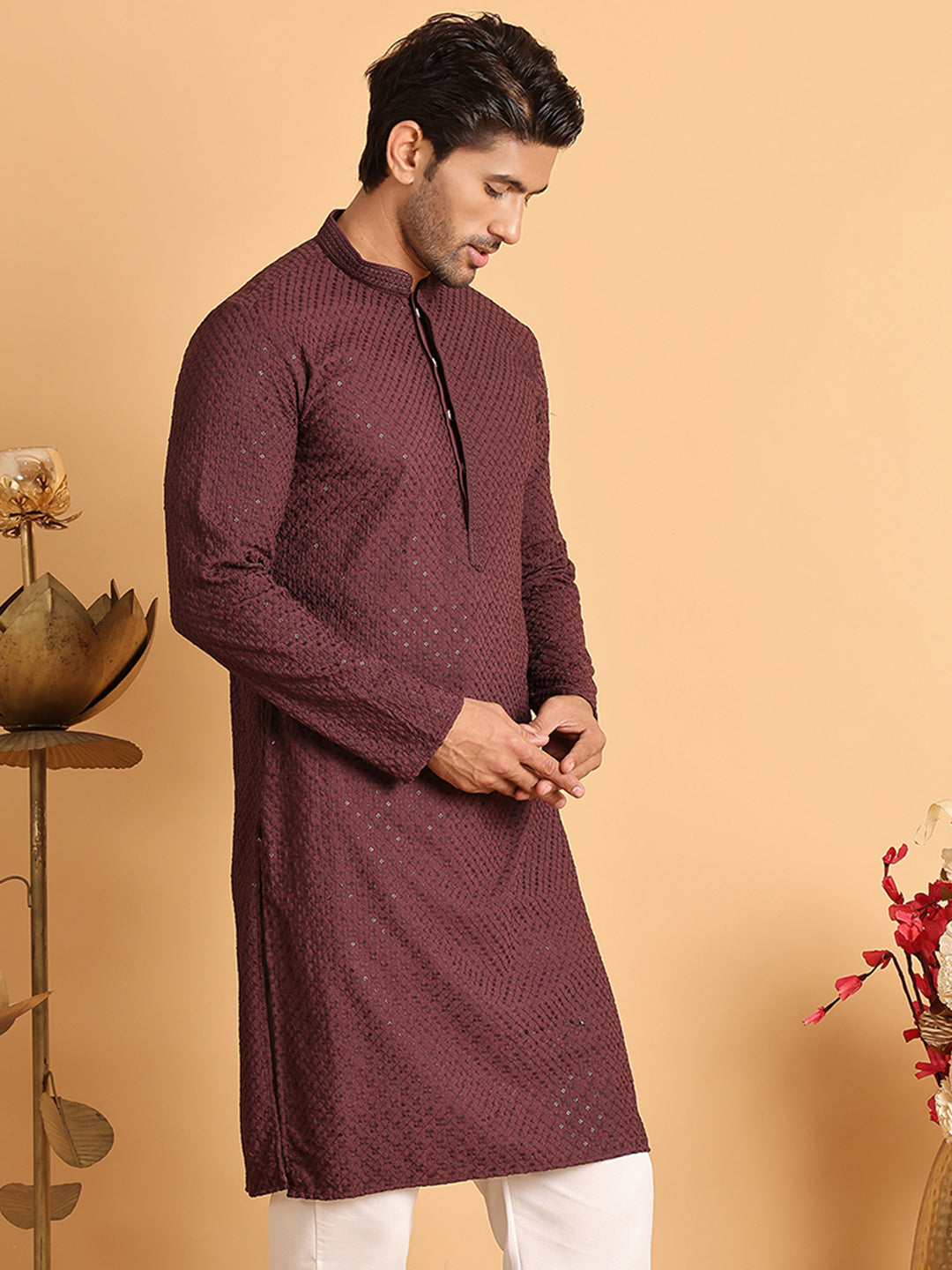 Sequins & Embroidered Viscose Kurtas For Men. ( KO 5113Purple )
