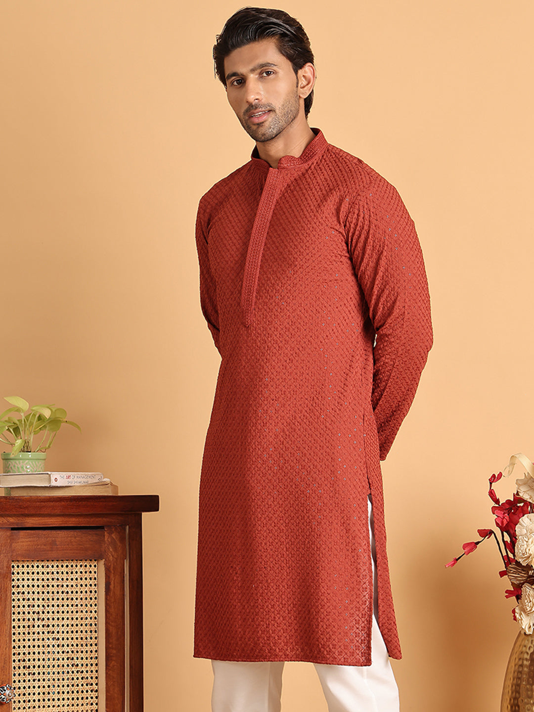 Sequins & Embroidered Viscose Kurtas For Men. ( KO 5113Rust )