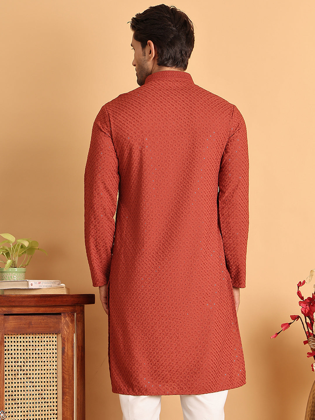 Sequins & Embroidered Viscose Kurtas For Men. ( KO 5113Rust )