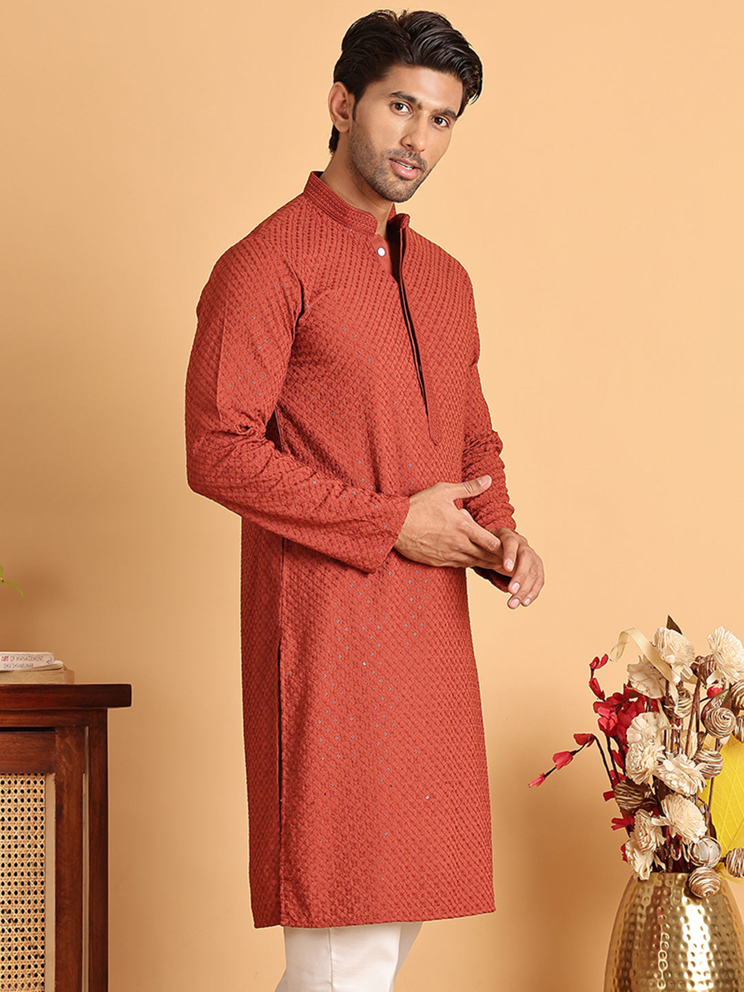 Sequins & Embroidered Viscose Kurtas For Men. ( KO 5113Rust )