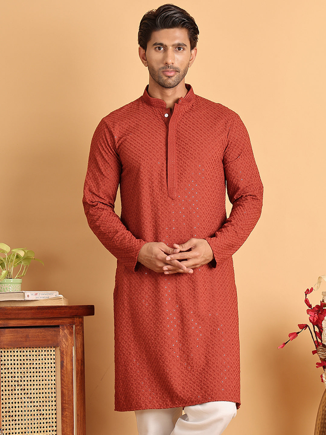 Sequins & Embroidered Viscose Kurtas For Men. ( KO 5113Rust )